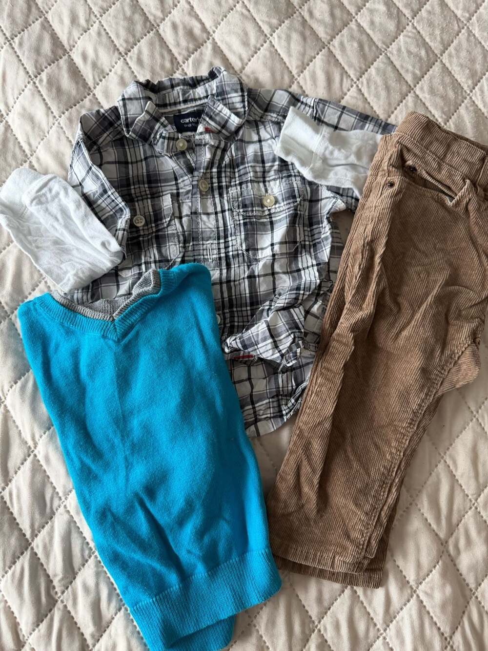 Carters 3-Piece Outfit Plaid Shirt Blue Sweater Corduroy Pants